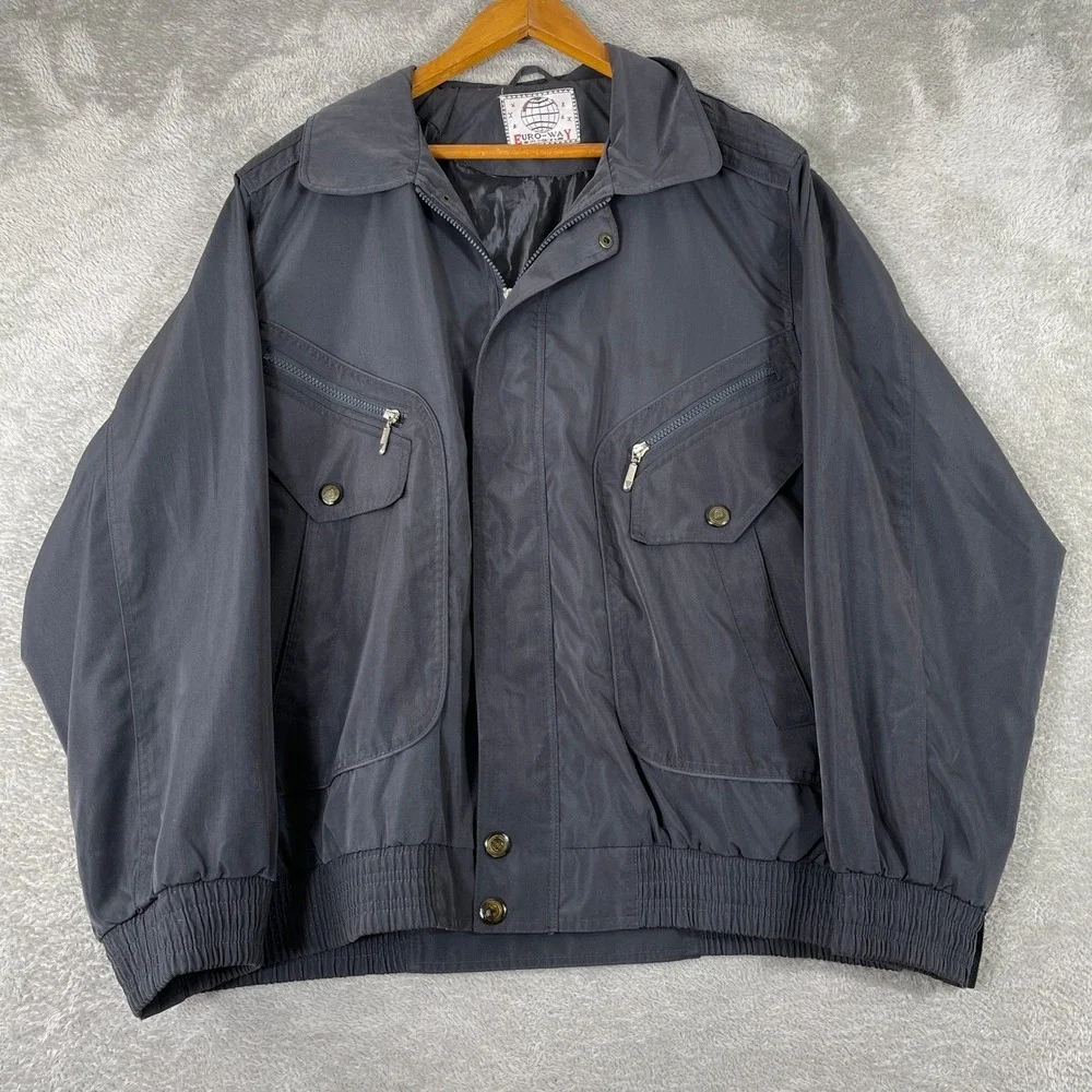 Euro Way Vintage Bomber Jacket Mens XL‎ Gray Full Zip Cargo Pocket Windbreaker